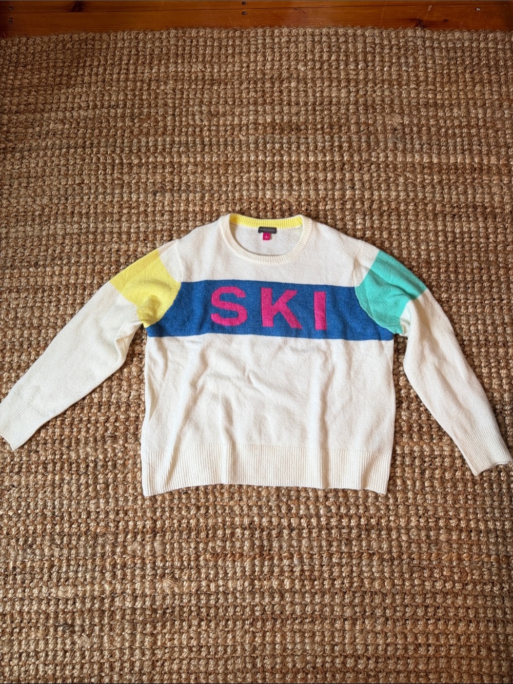 Vince Camuto White Cashmere Sweater with Blue Chest Band and Pink 'SKI'